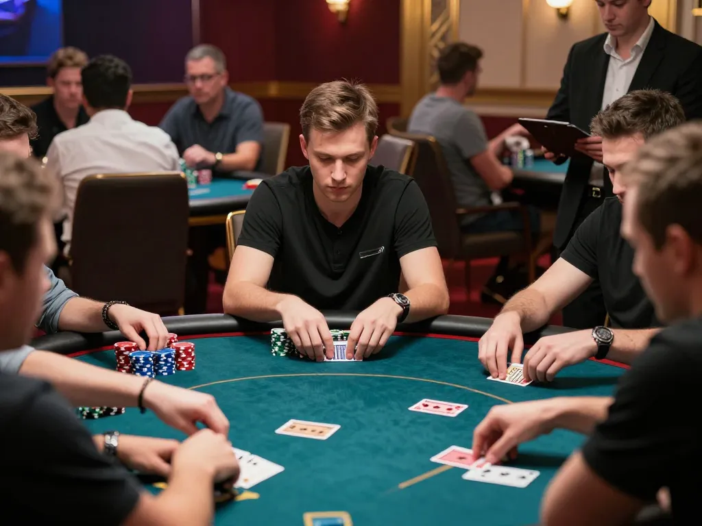 Players strategizing winning moves at rusuntogel poker table in an upscale casino
