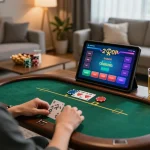 Engaging in online poker at home on lc88 com, showcasing vibrant interface and comfortable setup