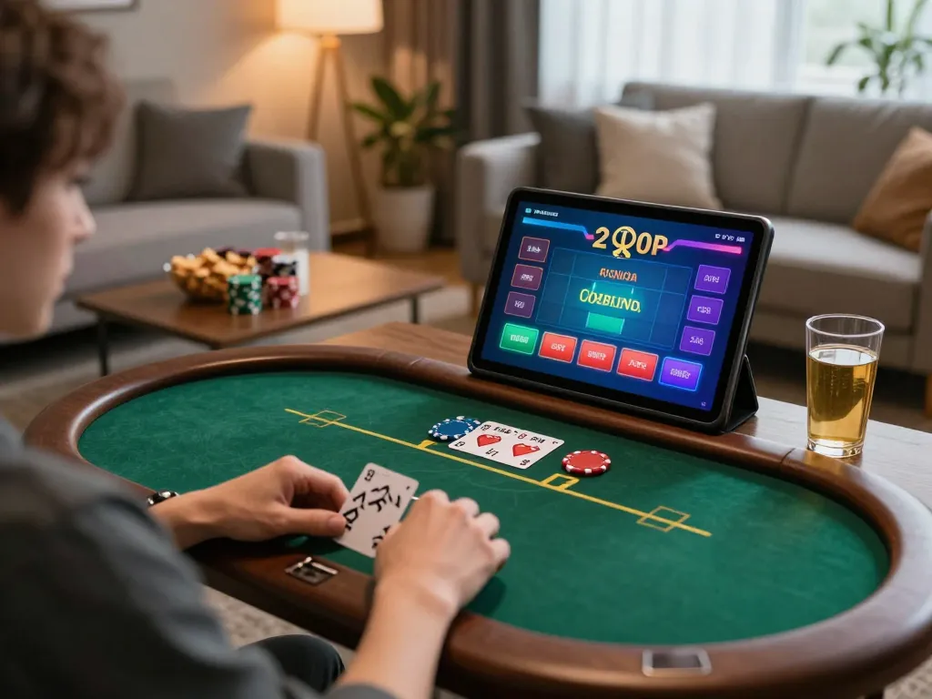 Engaging in online poker at home on lc88 com, showcasing vibrant interface and comfortable setup