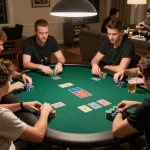 Players enjoy a strategic poker game at home, showcasing Daga-themed betting excitement and camaraderie.