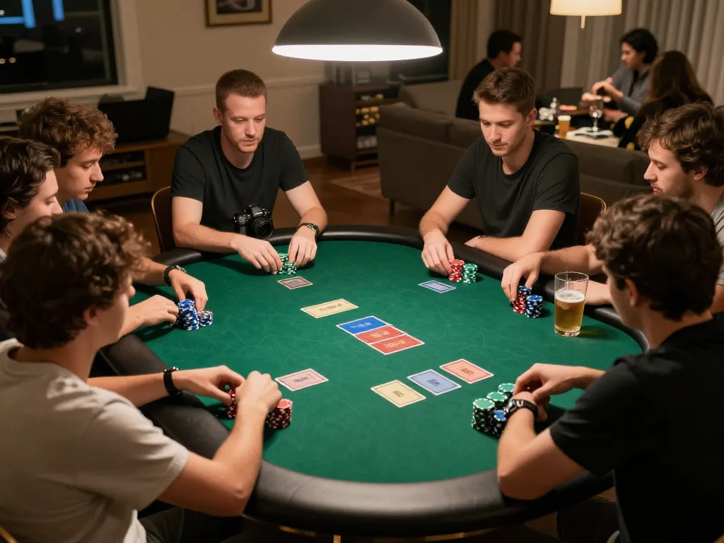 Players enjoy a strategic poker game at home, showcasing Daga-themed betting excitement and camaraderie.