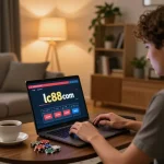 Engaging player enjoying online gaming at lc88 com in a cozy home setup amidst warm lighting