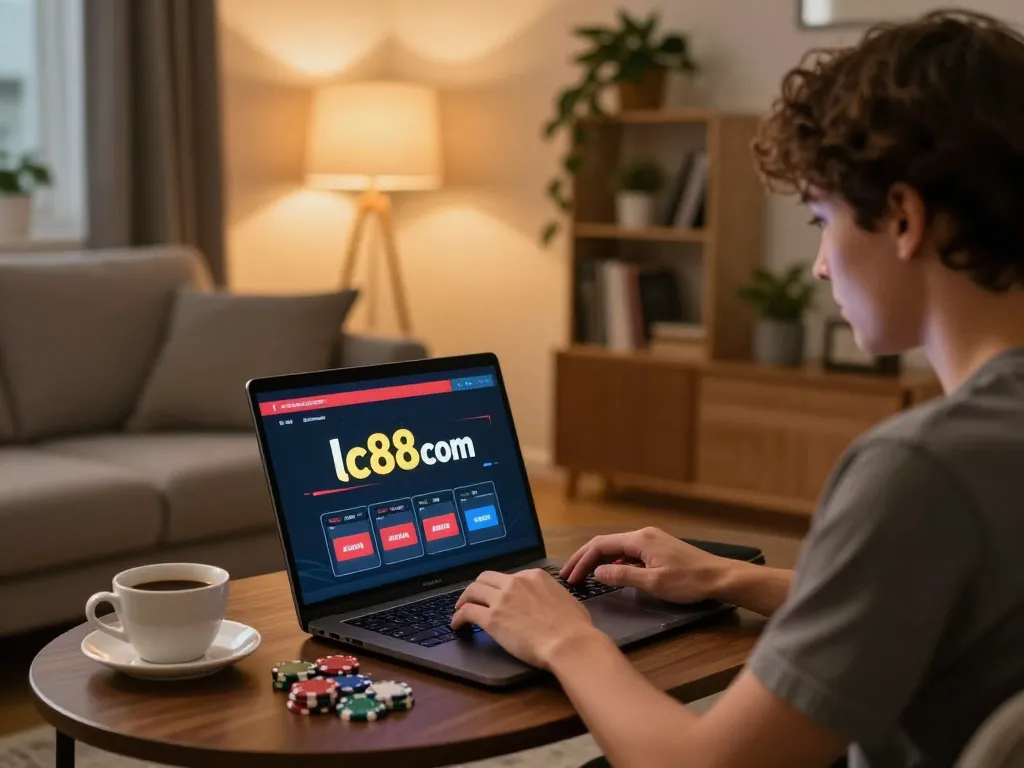 Engaging player enjoying online gaming at lc88 com in a cozy home setup amidst warm lighting