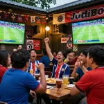 Fans enjoying Judi Bola betting at a sports bar during a football match.