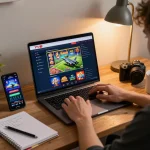 Engaging gaming setup showcasing the trang chủ F168 online casino, featuring a person focused on laptop with vibrant betting interface.