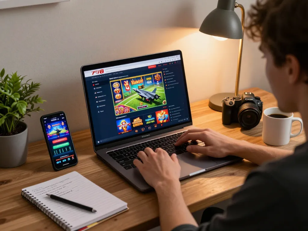 Engaging gaming setup showcasing the trang chủ F168 online casino, featuring a person focused on laptop with vibrant betting interface.