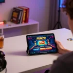 Tải app fun79 on tablet, showcasing interactive casino interface in cozy gaming setup.