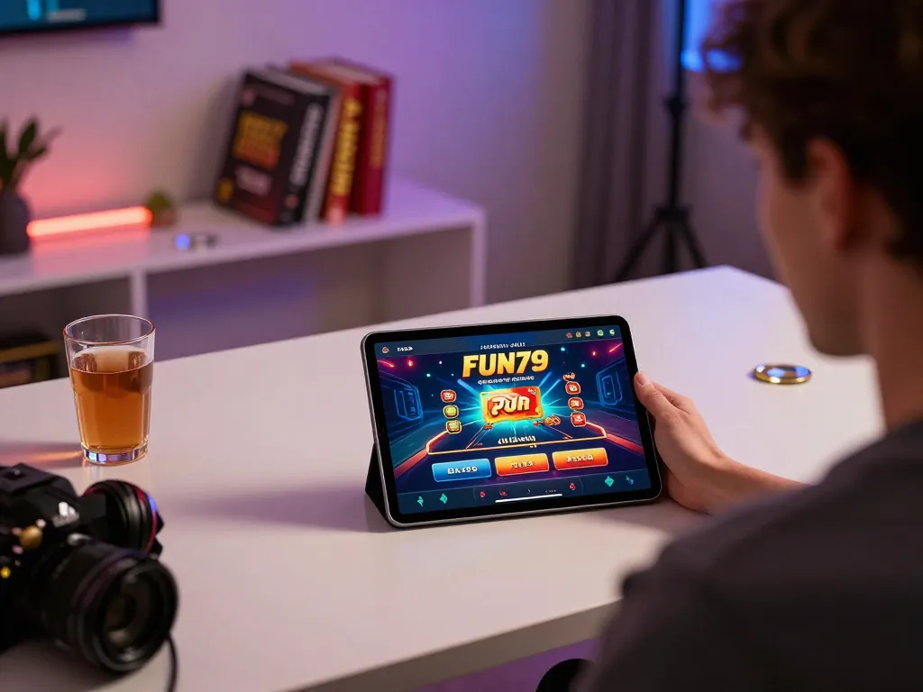 Tải app fun79 on tablet, showcasing interactive casino interface in cozy gaming setup.