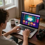 Player enjoying OPEN88 online gaming on laptop at home, focusing on poker strategies