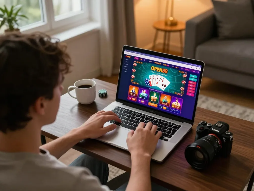 Player enjoying OPEN88 online gaming on laptop at home, focusing on poker strategies