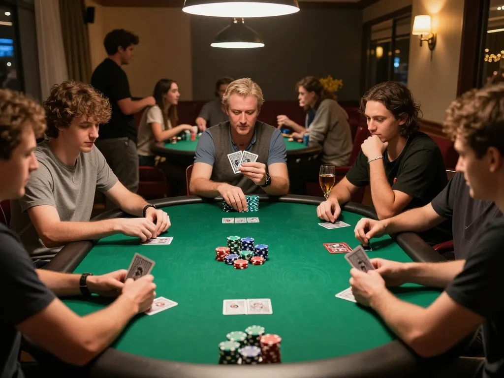 Enjoy exciting gameplay with Sunwingo as friends strategize during a poker night.