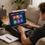 Player engaged in 88vv online gaming with laptop, showcasing vibrant casino interface and cozy atmosphere