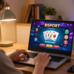 Engaged player using Bsport platform for online casino gaming in a stylish home setting.