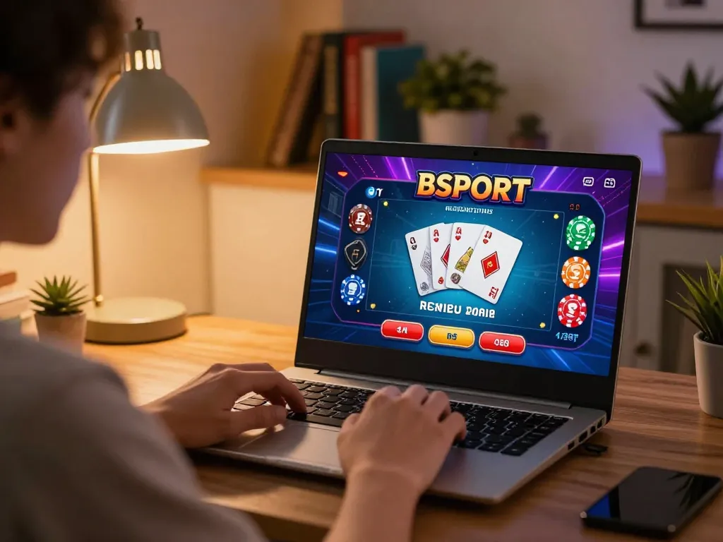 Engaged player using Bsport platform for online casino gaming in a stylish home setting.