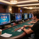 Player strategizing at 98win online casino with multiple gaming screens showcasing poker action.