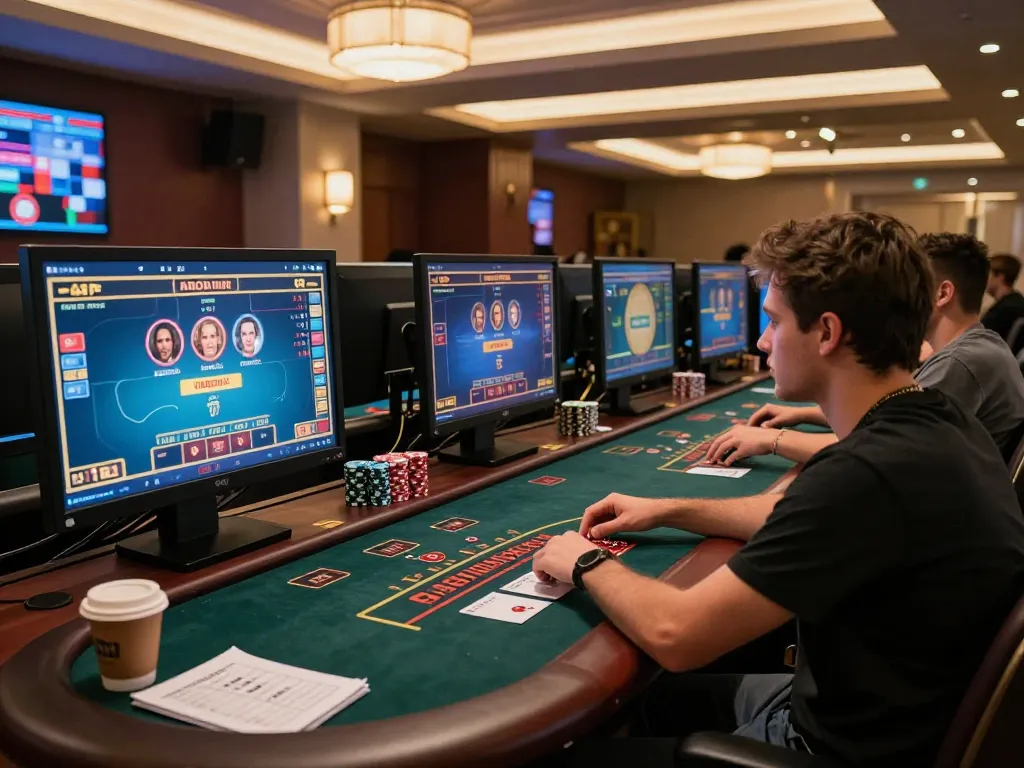 Player strategizing at 98win online casino with multiple gaming screens showcasing poker action.