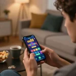 Player engaging with the uu88 casino app on smartphone in a cozy living room.