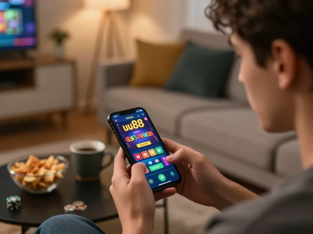 Player engaging with the uu88 casino app on smartphone in a cozy living room.