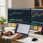 Individual analyzing market trends with indexfonds in a stylish home office.