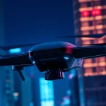 Controllare la sicurezza urbana con il terminatore dronavia in volo sopra la città.