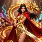 Experience thrilling slots at 11Win with dynamic golden dragon and elegant warrior queen.