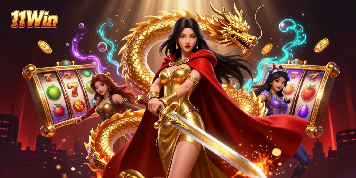 Experience thrilling slots at 11Win with dynamic golden dragon and elegant warrior queen.