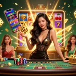 Experience thrilling gameplay with rokok88 login at a luxurious baccarat table surrounded by golden casino elements.