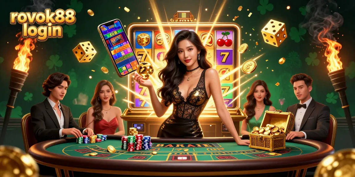 Experience thrilling gameplay with rokok88 login at a luxurious baccarat table surrounded by golden casino elements.