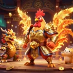 Engage in winning strategies at 8xbetlink featuring a cartoon rooster warrior, dragon, and fortune cat.