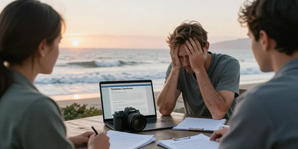 Homeowner relieved after consulting best timeshare exit companies on a scenic beach.