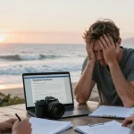 Homeowner relieved after consulting best timeshare exit companies on a scenic beach.