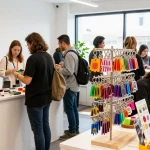 Customers selecting colorful custom keychains in vibrant retail environment.