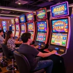 Players enjoying vibrant slot machines at TA88 casino, high-energy gaming environment.