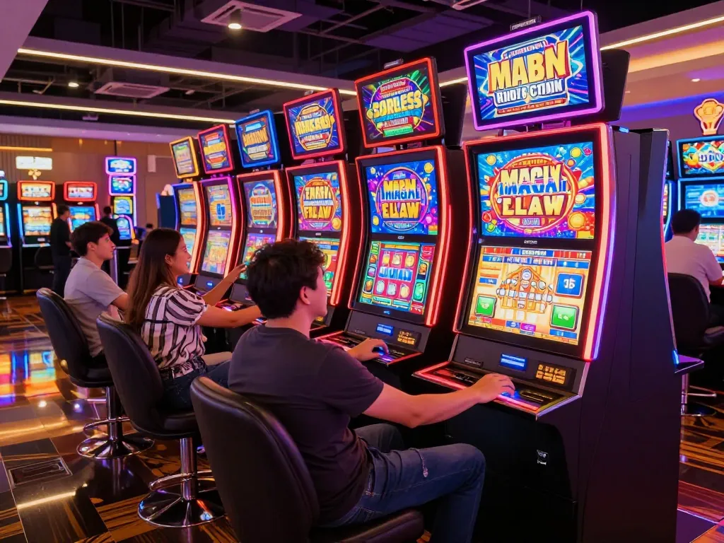 Players enjoying vibrant slot machines at TA88 casino, high-energy gaming environment.