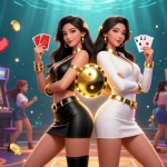 Zbet exciting casino scene with twin Asian women holding playing cards amidst vibrant game elements.
