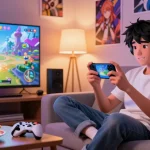 Engaging scene of a player immersed in a mobile hentai game within a colorful fantasy environment.
