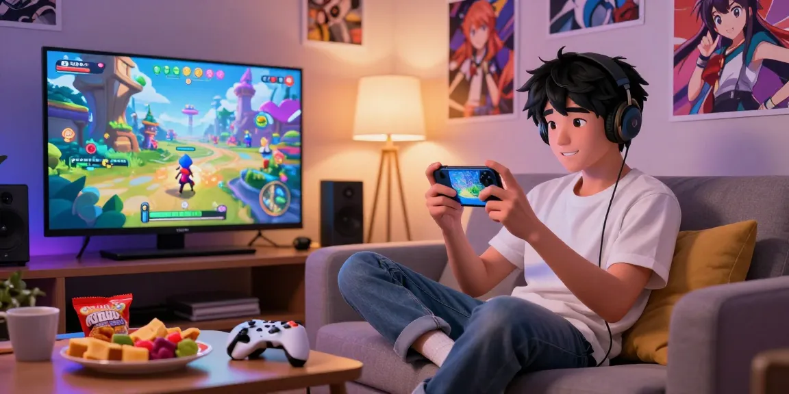 Engaging scene of a player immersed in a mobile hentai game within a colorful fantasy environment.