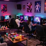 Friends enjoying a multiplayer hentai game in a vibrant gaming lounge.