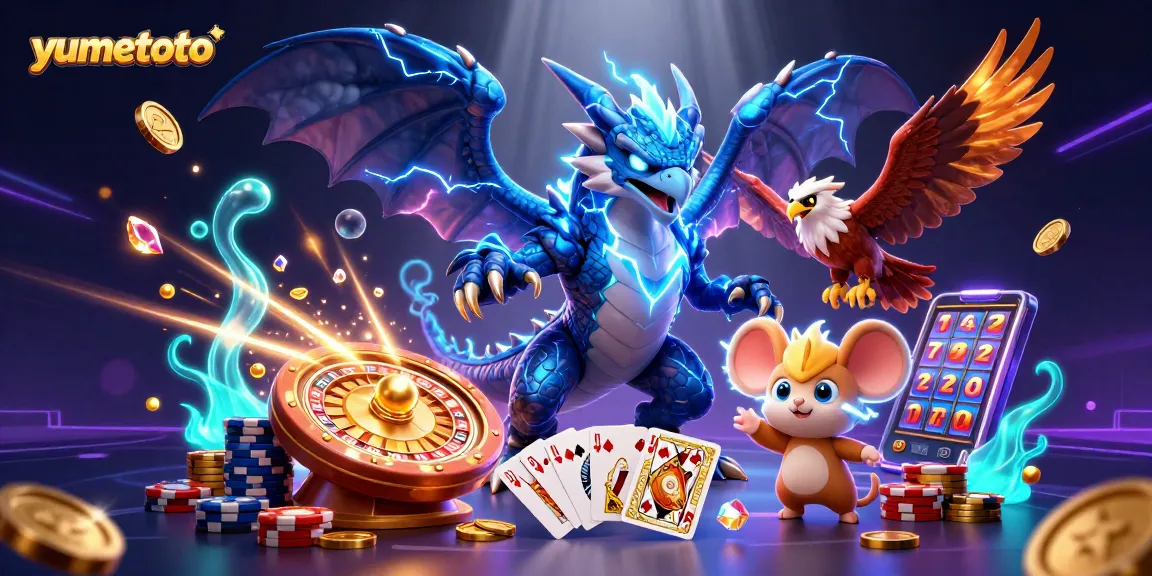 Win big with yumetoto in this vibrant 3D casino scene featuring exciting gaming elements.