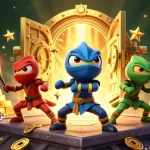 rr88 chameleon ninjas showcasing synchronized martial arts amidst treasures in dynamic 3D illustration