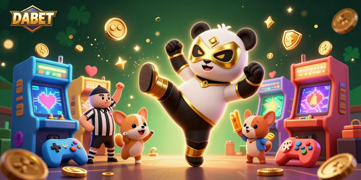Experience thrilling action at DABET with a lively panda wrestler amid game machines and cheering animals.
