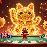 Celebrate wins with 79king1, showcasing a golden lucky cat amidst vibrant casino elements.