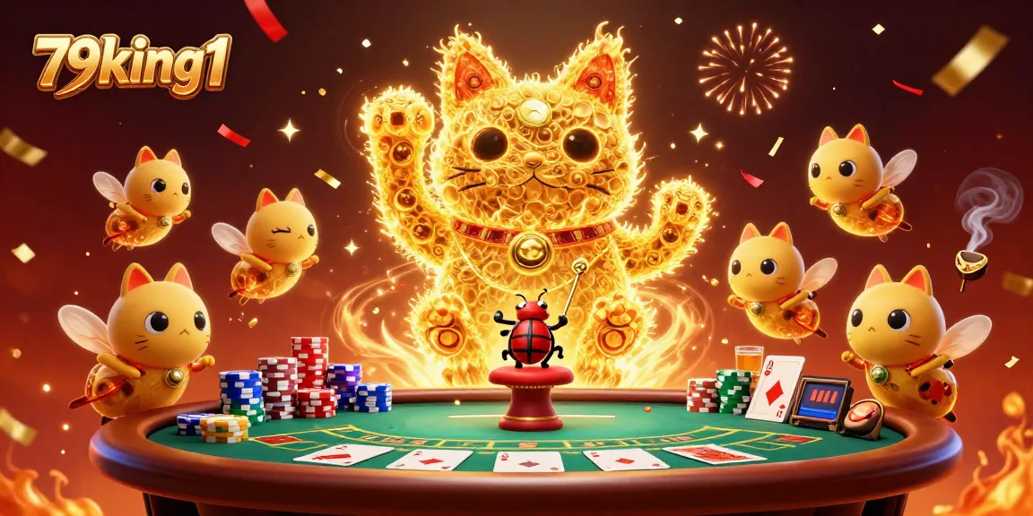 Celebrate wins with 79king1, showcasing a golden lucky cat amidst vibrant casino elements.
