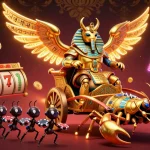 Engage in thrilling gameplay at gg88 with vibrant slot reels, a golden beetle, and shimmering coins.