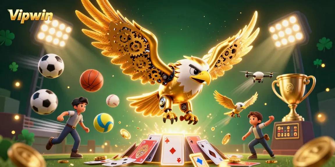 Engage with exciting gameplay at Vipwin, featuring a cybernetic eagle soaring through a vibrant casino scene.