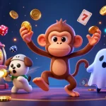 SLOT97 captivating scene with a mischievous monkey juggling gold and a curious puppy in a vibrant casino ambiance.