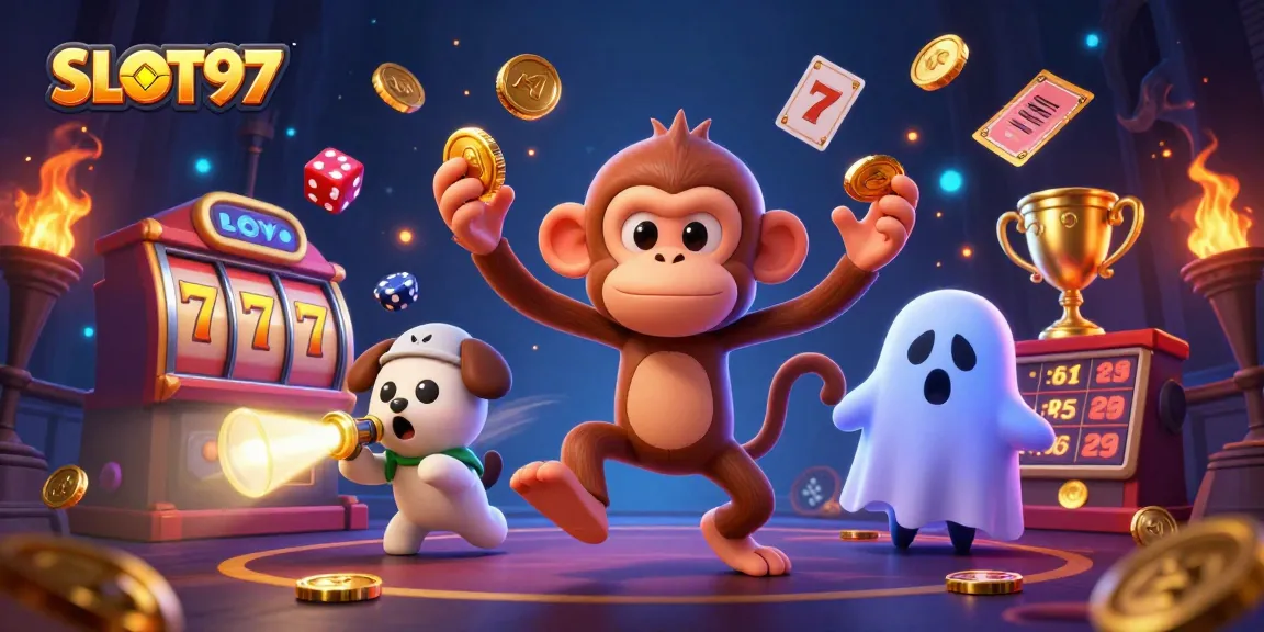 SLOT97 captivating scene with a mischievous monkey juggling gold and a curious puppy in a vibrant casino ambiance.