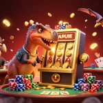 GG88 casino scene featuring dinosaurs interacting with slot machines and poker tables.
