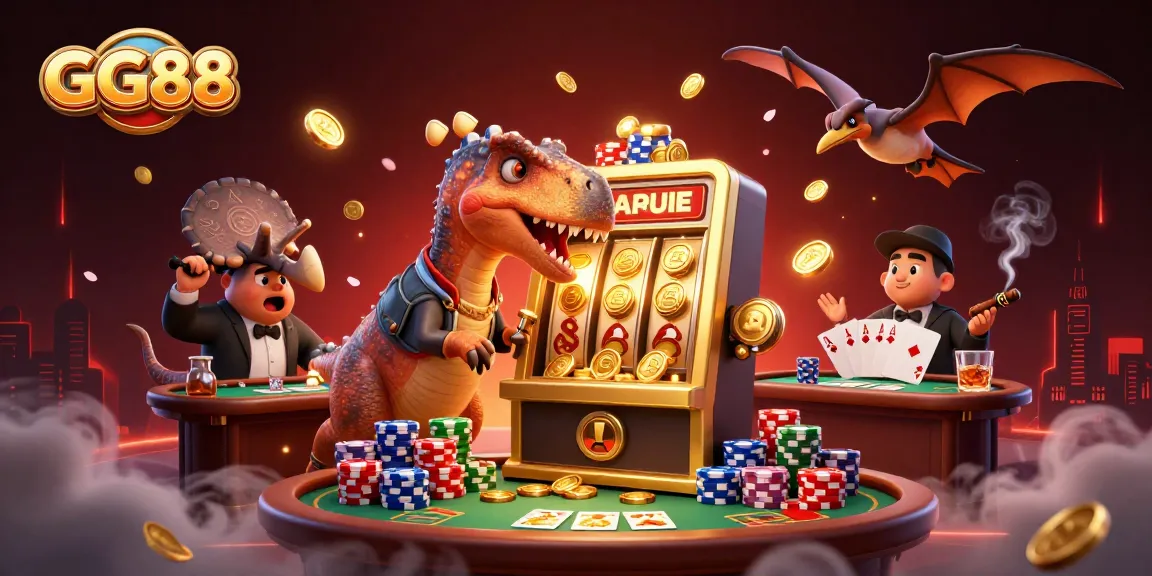 GG88 casino scene featuring dinosaurs interacting with slot machines and poker tables.