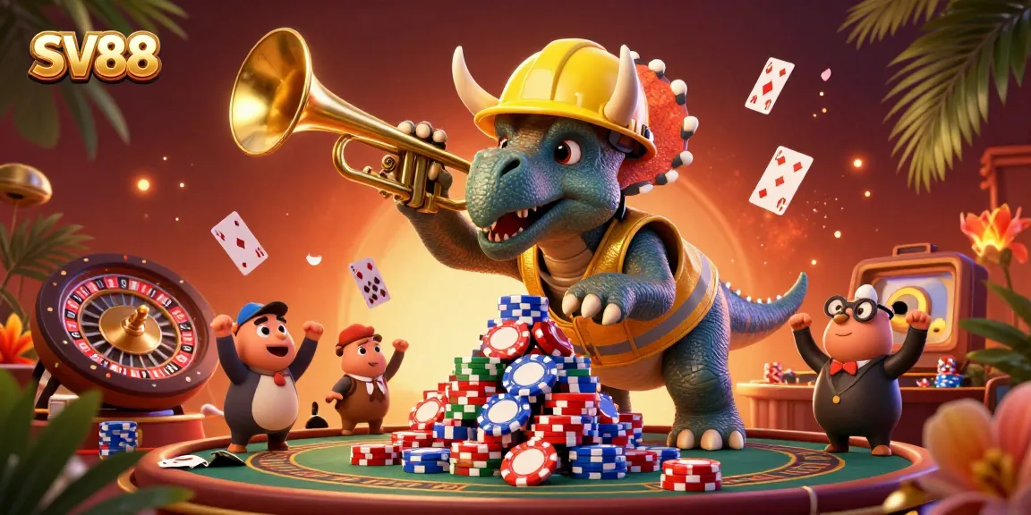 Celebrate wins with SV88's vibrant casino illustration featuring triceratops and friends.